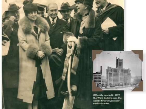 Two photos: (1) crowd at a 1927 building groundbreaking. A woman in a black hat and coat is holding a shovel; (2) exterior photo of the stone building from 1920's.