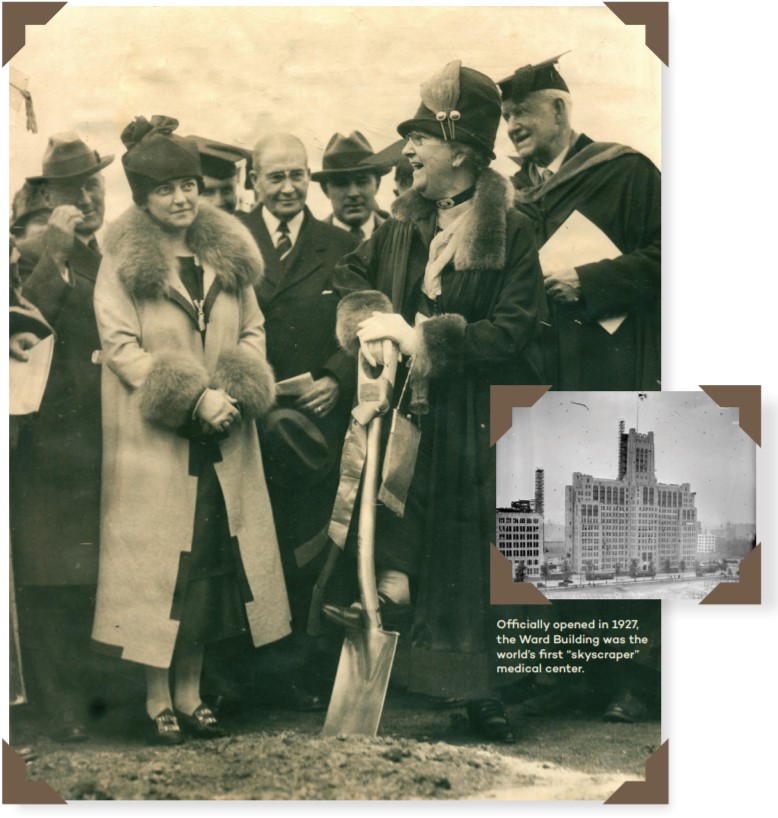 Two photos: One of a 1927 crowd. Woman in foreground is holding a shovel; one photo of Ward building at the time of the time it opened in 1927. 
