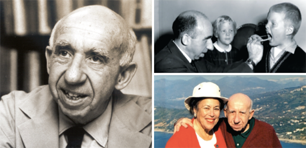 Collage of three photos of Jeremiah Stamler: one of just him in a suit, one of him giving a physical exam to a small boy while a small girl watches, one of him outdoors with his arm around a woman in a sun hat. 