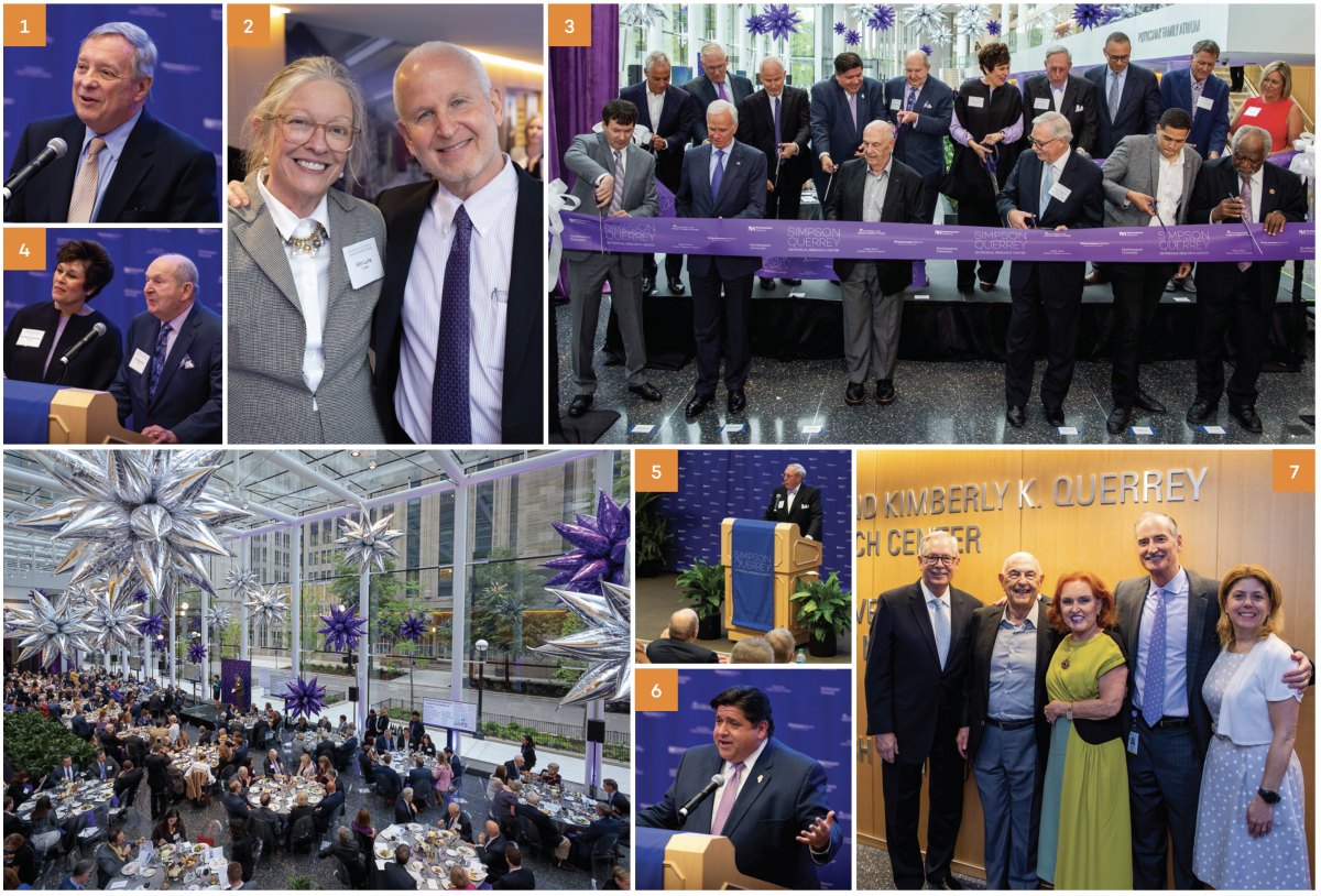 Collection of photos from building dedication, including Senator Dick Durbin, Governor JB Pritzker and Northwestern donors and leadership.