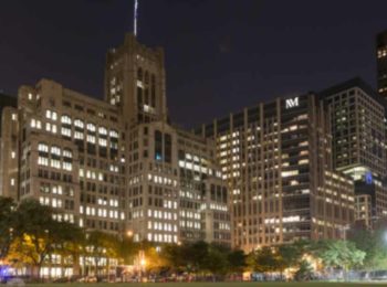 Exterior of the Ward building on the Northwestern University Chicago campus at night
