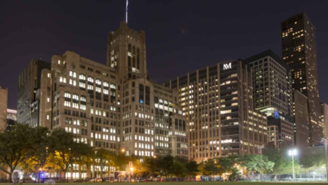 Exterior of the Ward building on the Northwestern University Chicago campus at night