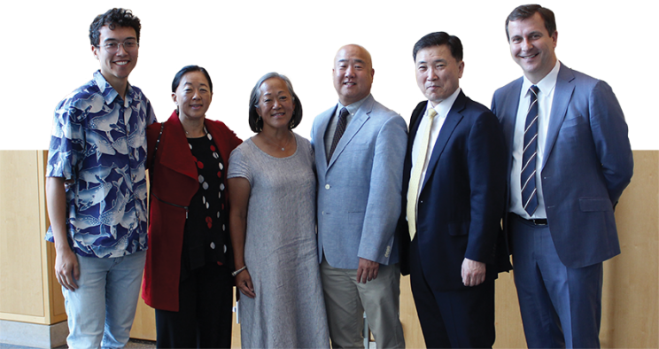 From left to right: Peter Chung; Mimi Chung, MD; Julia Chung Pierce; Young Chung, ’85 MD; Jin Woo Chang, MD, PhD; and Maciej Lesniak, MD.