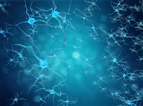 Conceptual illustration of neuron cells with glowing link knots. Synapse and Neuron cells sending electrical chemical signals. Neuron of Interconnected neurons with electrical pulses, 3D illustration
